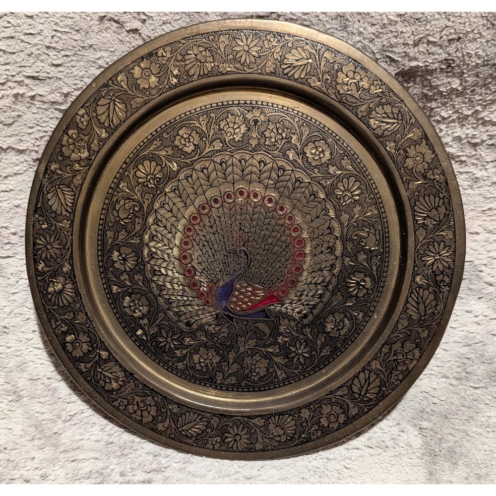 Brass‎ Indian Peacock Plate 9.5"  Wall Decor Enameled Hand Crafted & Painted Vtg